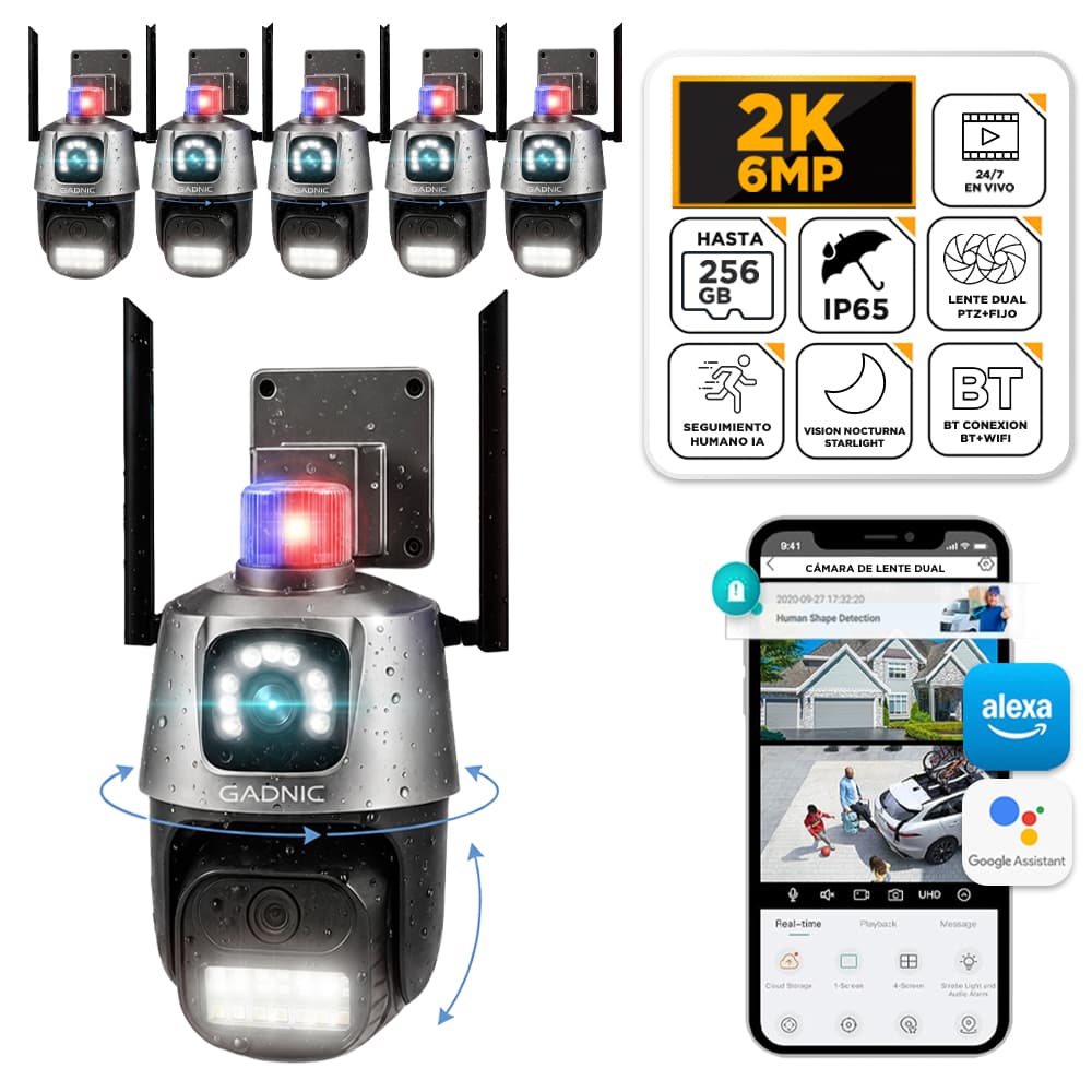 Kit x 6 Cámaras De Seguridad Dual Gadnic P1-QQ4 Seguimiento Sirena Resolución HD Visión Nocturna App Móvil
