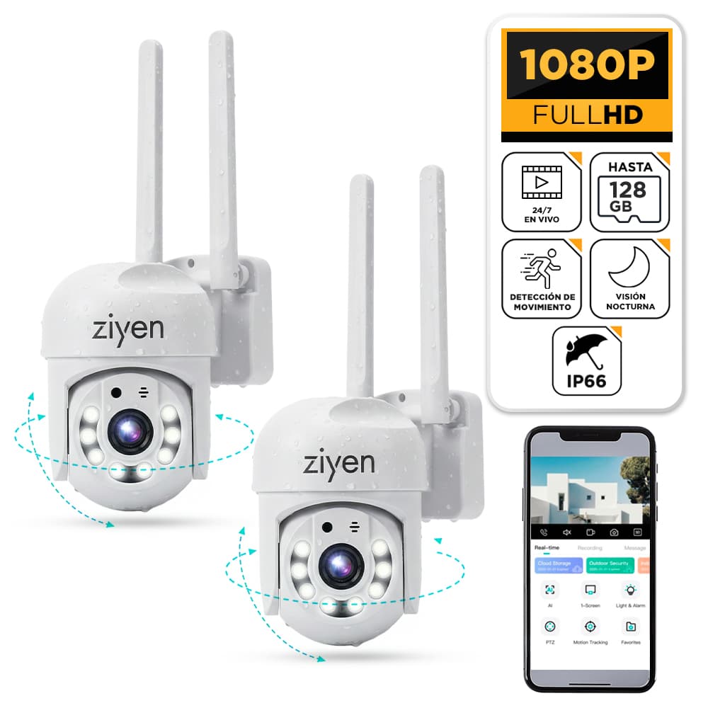 Kit x2 Camara De Seguridad Wifi Ziyen ZX39 2MP 1080p PTZ Movimiento 270 90 Vision Nocturna Audio Bidireccional Exterior
