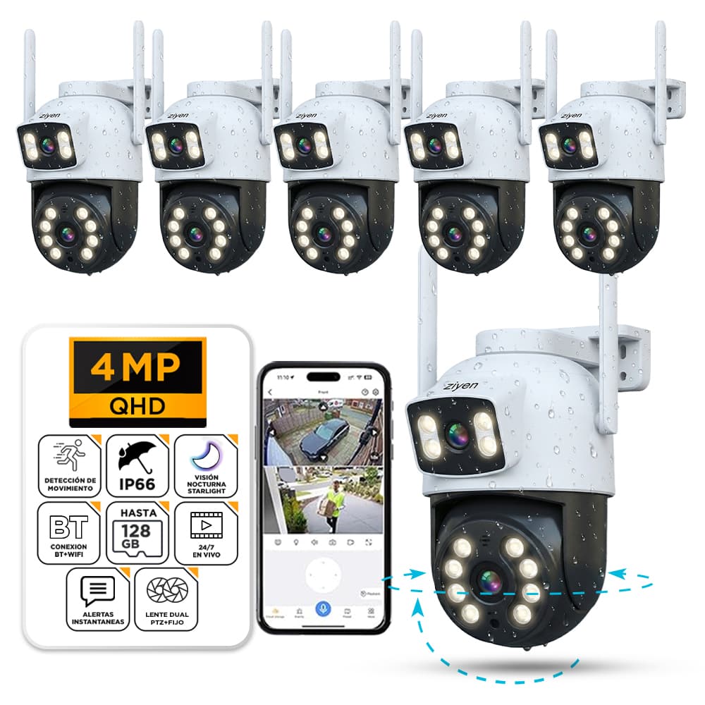 Kit X 6 Cámaras de Seguridad Ziyen ZX57 Lente Dual 4MP Domo Exterior WiFi Control Por App