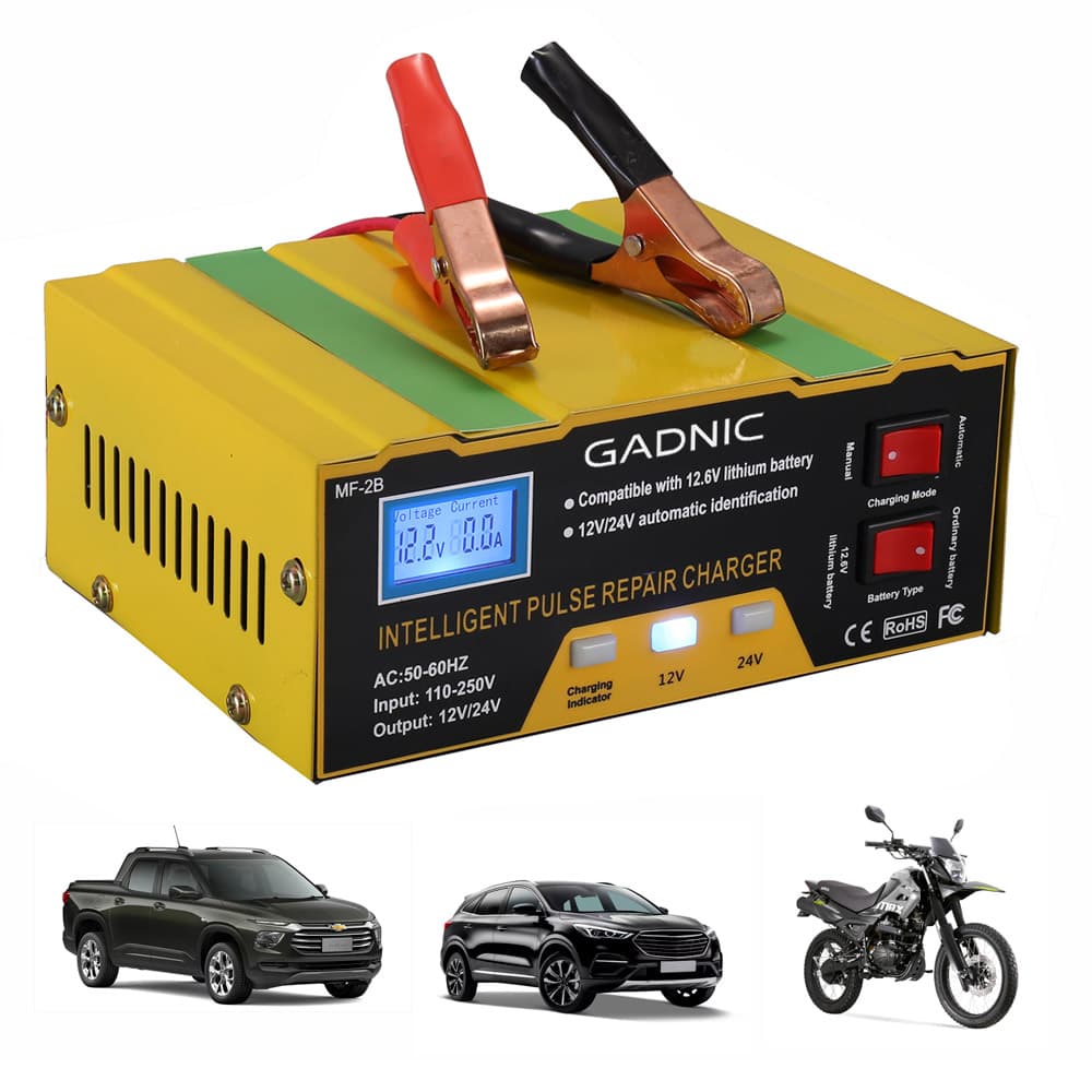 Cargador Inteligente De Batería De Autos y Motos Gadnic Display Digital Apto Gel Ácido Litio 12A 7A 260W Pico 15A 10A