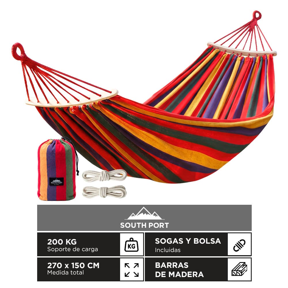 Hamaca Paraguaya South Port By Gadnic 270 X 150 Cm Soporta 200 Kg Lona Poliester Barras De Madera Con Sogas Y Bolsa
