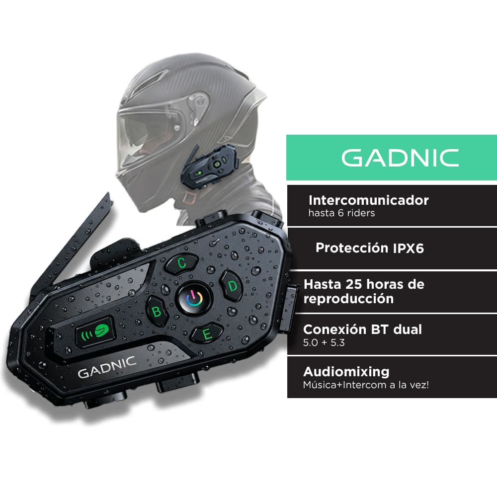 Intercomunicador Para Moto Gadnic BT Para 6 Riders IPX6 Casco  Hasta 500M