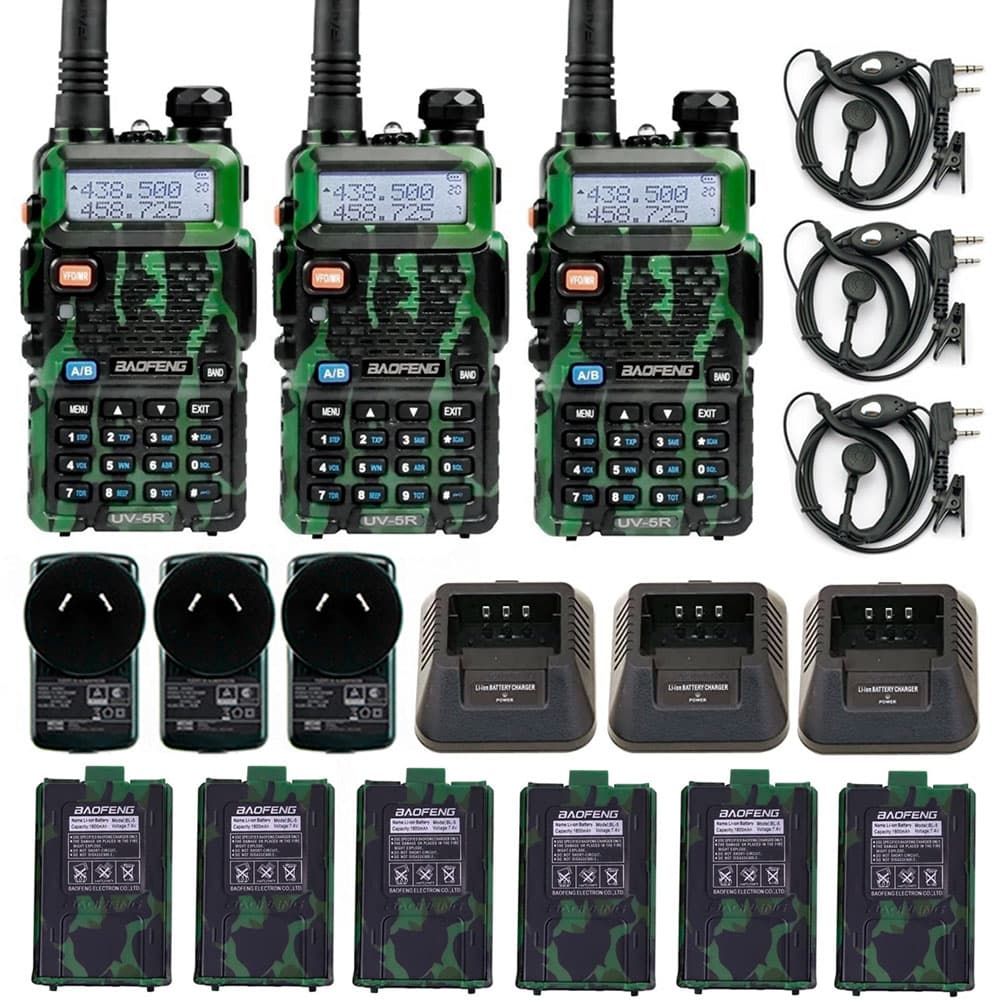 Handy Baofeng UV-5R 8w Camuflado Bi-Banda Kit x3 Hasta 12km + 6 Baterías y 3 Manos Libres