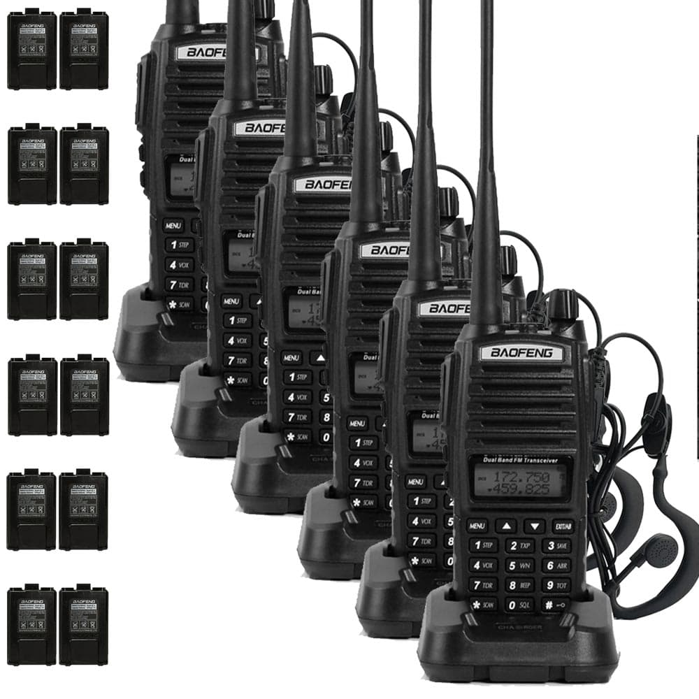 Handy Baofeng UV-82 10w Kit x6 Bi-Banda 128CH Hasta 20km + 12 Baterías y 6 Manos Libres