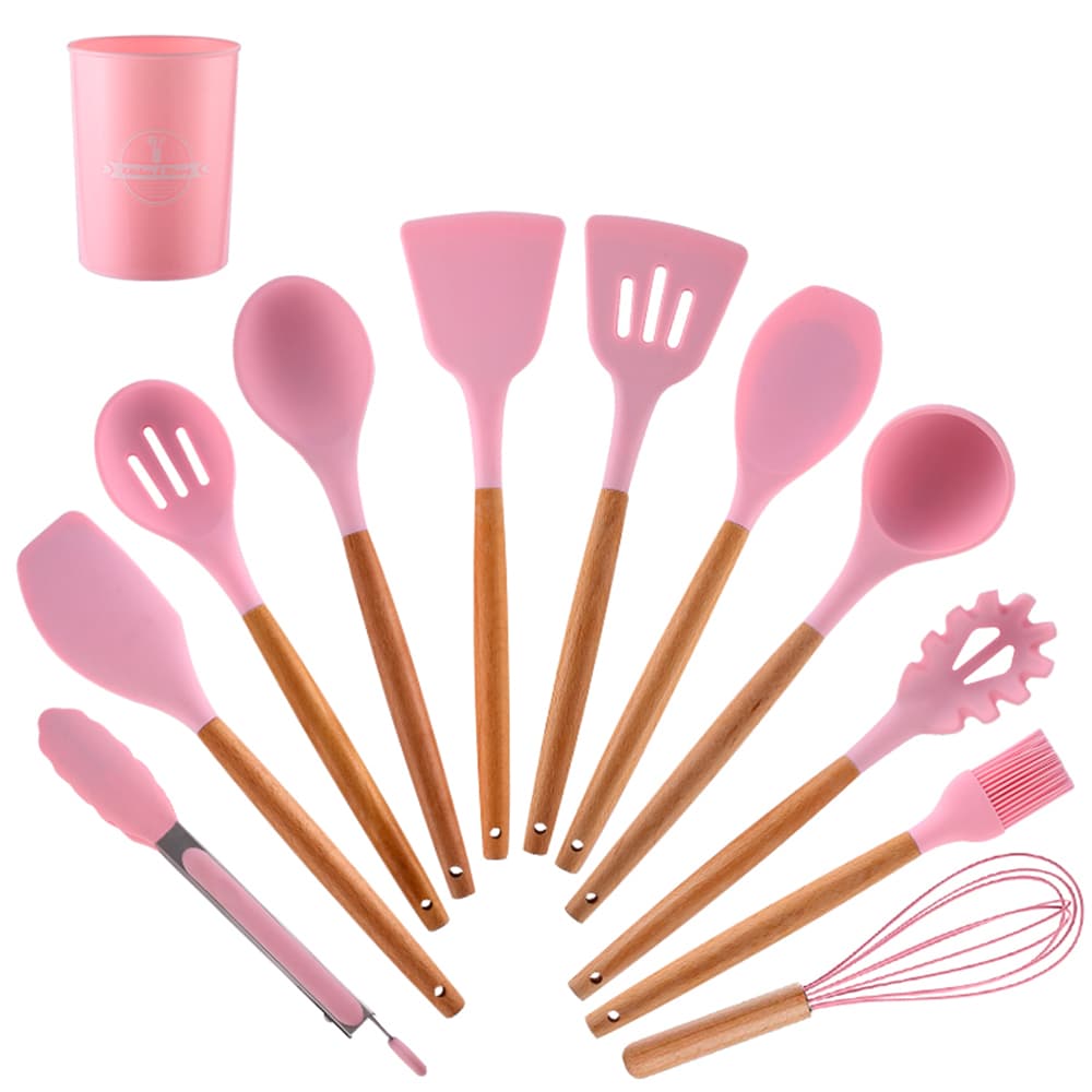 Set x12 Kit Utensilios De Cocina Gadnic KCOCI002 Mango Madera Punta Silicona Outlet
