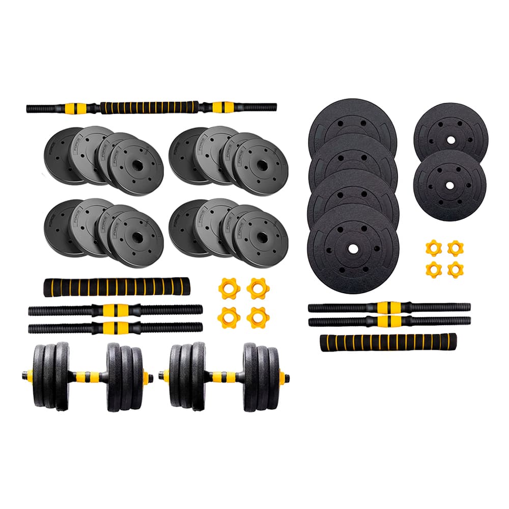 Kit Mancuernas Y Barra 30 Kg + 25 Kg Discos PVC Force By Gadnic Pvc Tope A Rosca Alta Resistencia Conversor A Rosca