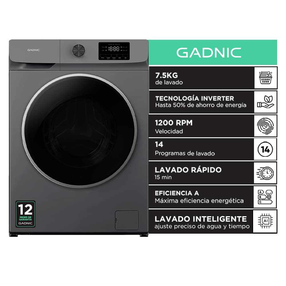 Lavarropas Automático Gadnic 7.5 Kg Tecnología Inverter 1200 RPM Carga Frontal 14 Programas Lavado Rápido 15 Min 