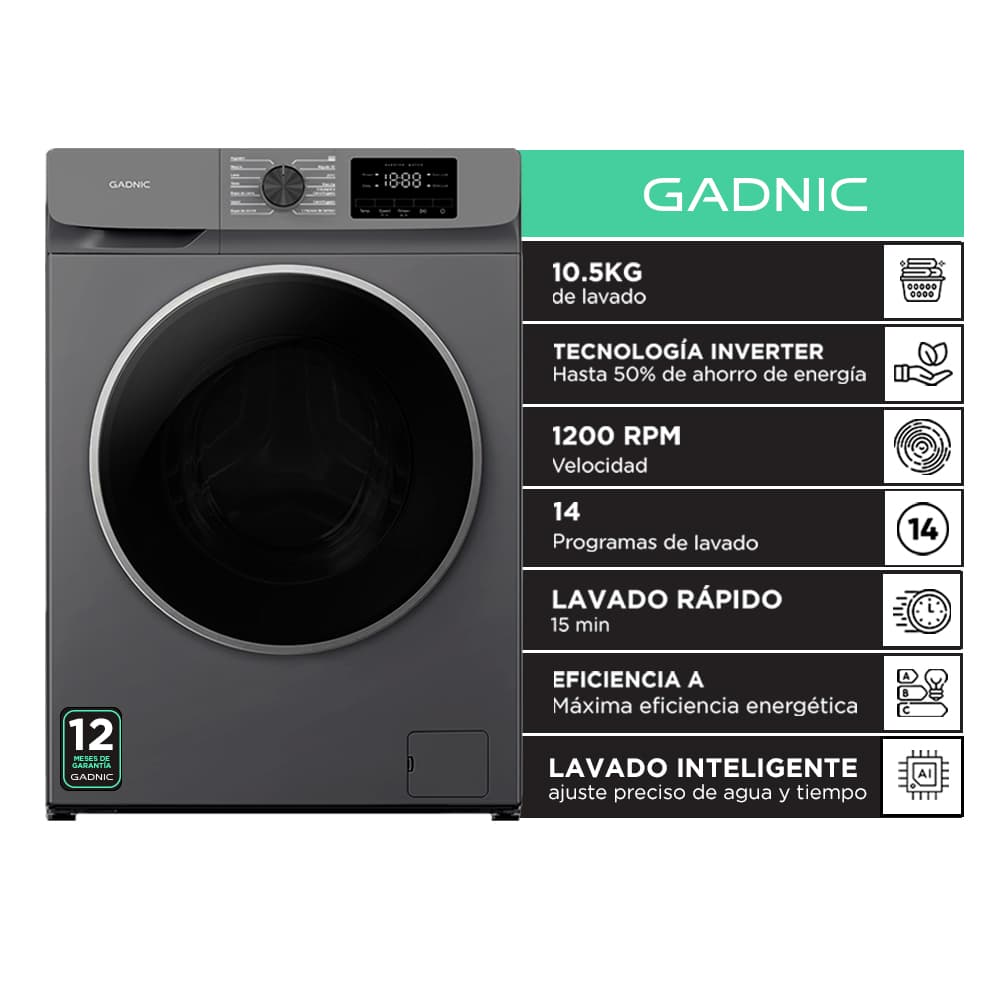 Lavarropas Automatico Gadnic 105 Kg Carga Frontal 16 Programas Inverter 1200 RPM Gris Oscuro Usado