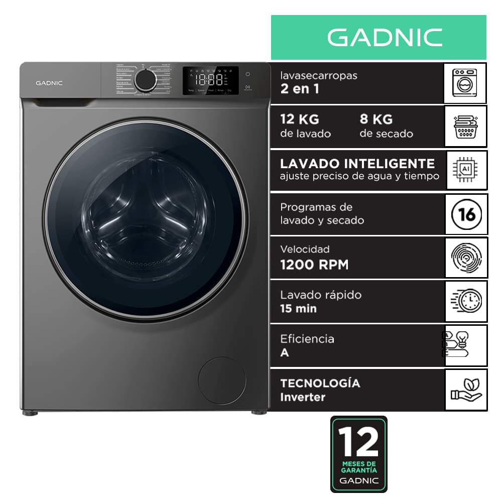 Lavasecarropas Gadnic 12 Kg Lavado 8 Kg Secado 1200 RPM Inverter Usado