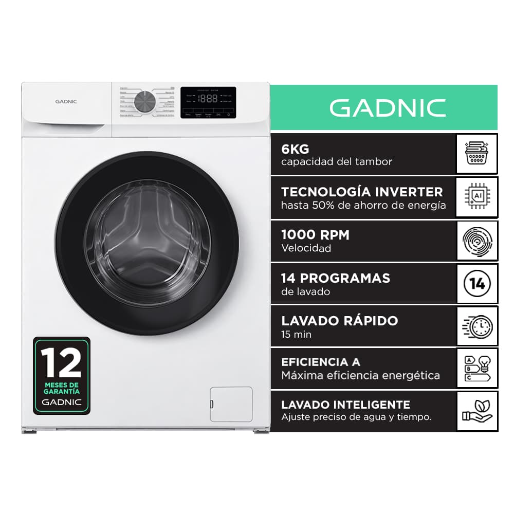 Lavarropas Gadnic 6 kg 1000 RPM 14 Programas 1850W Clase A Blanco Usado