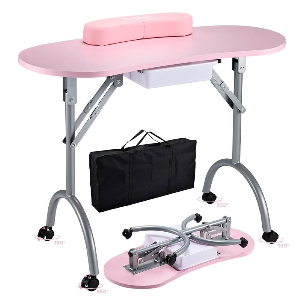 Mesa De Manicura Plegable Care By Gadnic Estructura Hierro MDF Ruedas PP Con Cajon Cojin Y Bolsa Portatil 