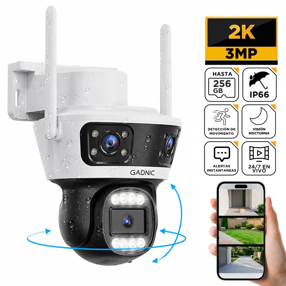 Cámara Seguridad WiFi Exterior Gadnic 3 Lentes 2k 360° Vision Nocturna a Color