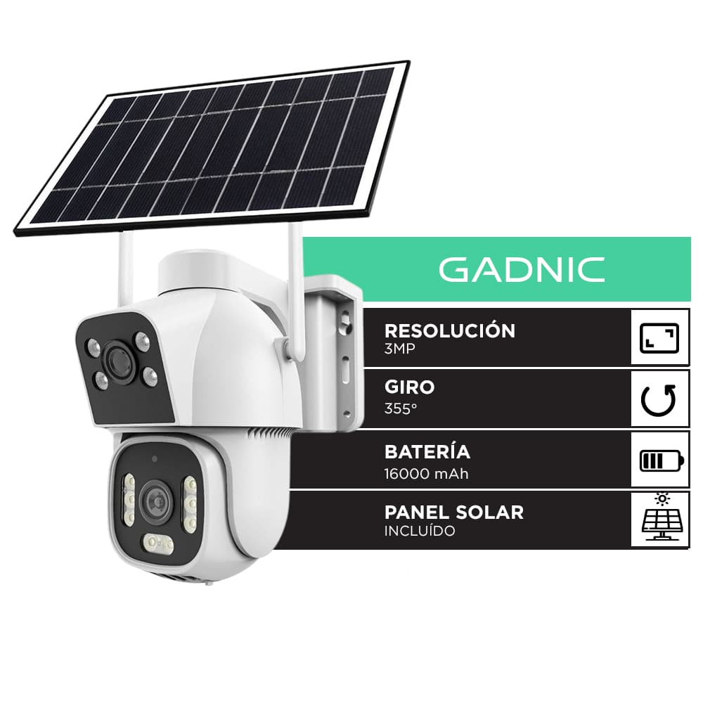 Camara De Seguridad Solar Gadnic WiFi 3MP Doble Lente PTZ Giro 355 Grados Vision Nocturna Dual Audio Bidireccional Bateria 16000 mAh Panel Solar App ICSee Compatible Android iOS