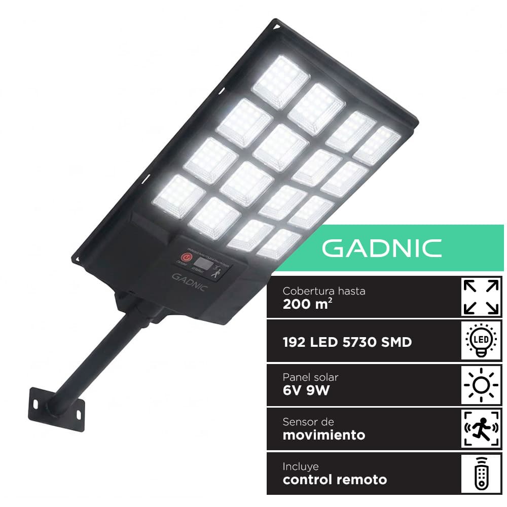 Reflector Solar Para Calles Gadnic Lámpara Luz 192 Led 5730 SMD 6V 9W Batería 6Ah Cobertura 200 M2 ABS