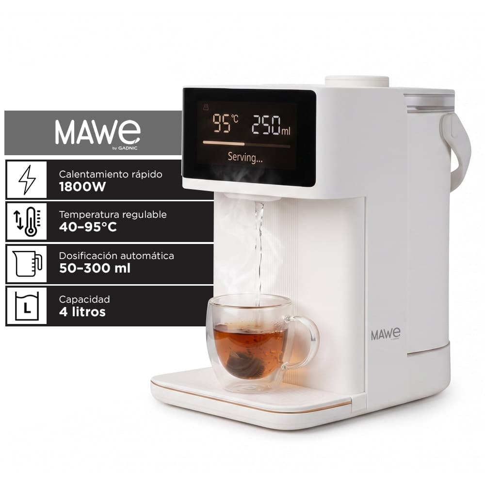 Dispensador De Agua Caliente Electrico Mawe By Gadnic 4L Potencia 1800W Display Digital Temperatura Regulable 40 A 95°C Dosificacion 50 A 300 Ml Acero Inoxidable 304