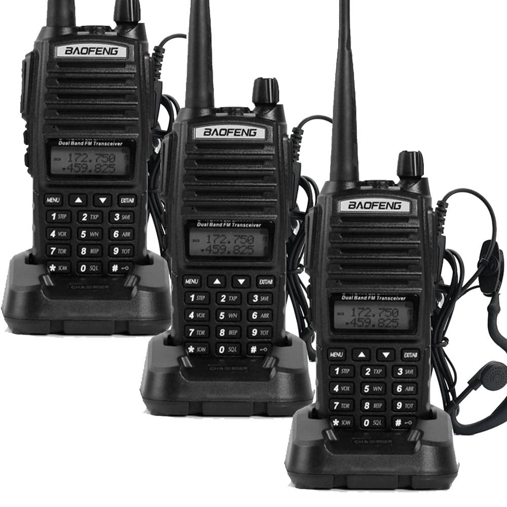 Handy Baofeng UV-82 10w Kit x3 Bi-Banda 128CH Hasta 20km  6 Baterías y 3 Manos Libres